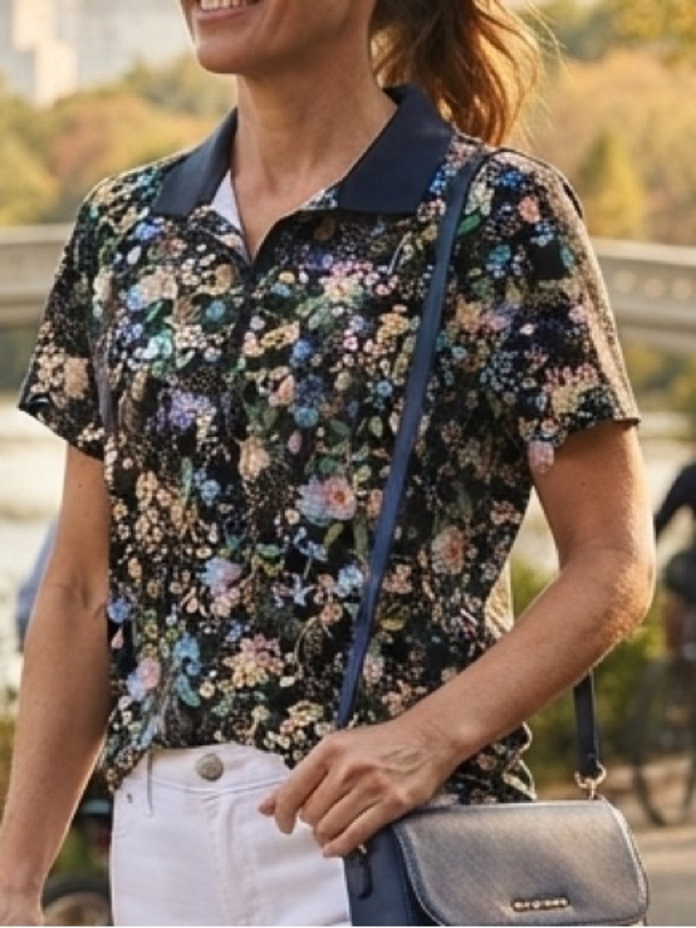 Floral Pima Cotton Lands' End Polo Shirt XL/P Blockcore Cottagecore Coastal
